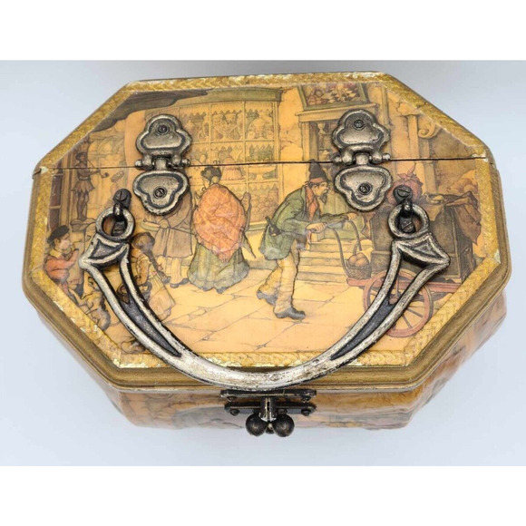 Vtg 1970s Artist Anton Pieck European Decoupage Wooden Box Red Velvet Lining - Picture 12 of 16